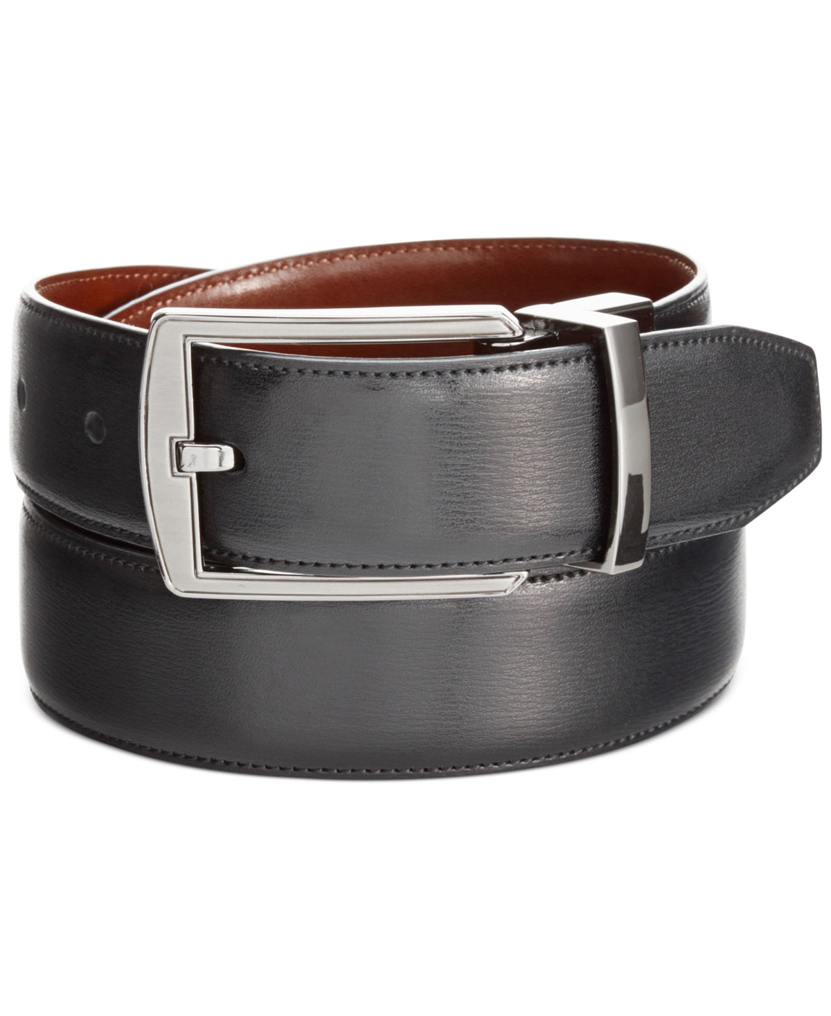 Cinto masculino Perry Ellis de couro reversível com costura de penas, preto, tamanho 36
