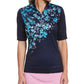 Camiseta de golfe feminina floral PGA Tour com meia manga, azul, tamanho pequeno
