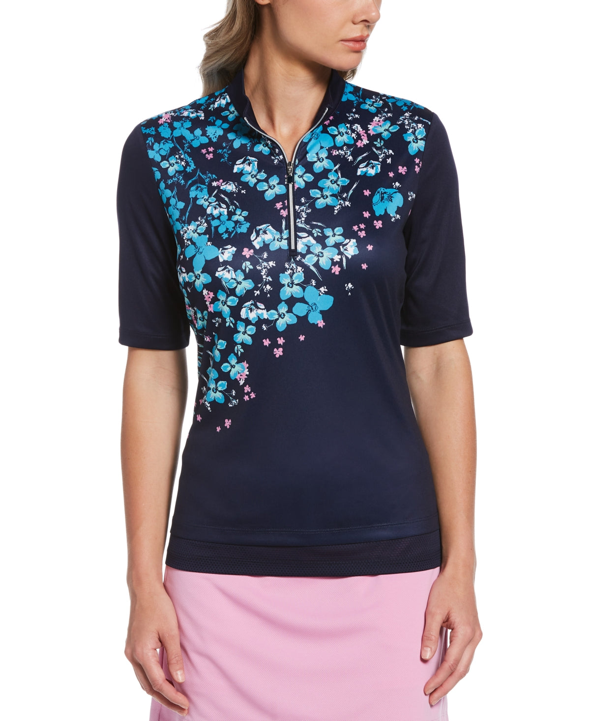 Camiseta de golfe feminina floral PGA Tour com meia manga, azul, tamanho pequeno