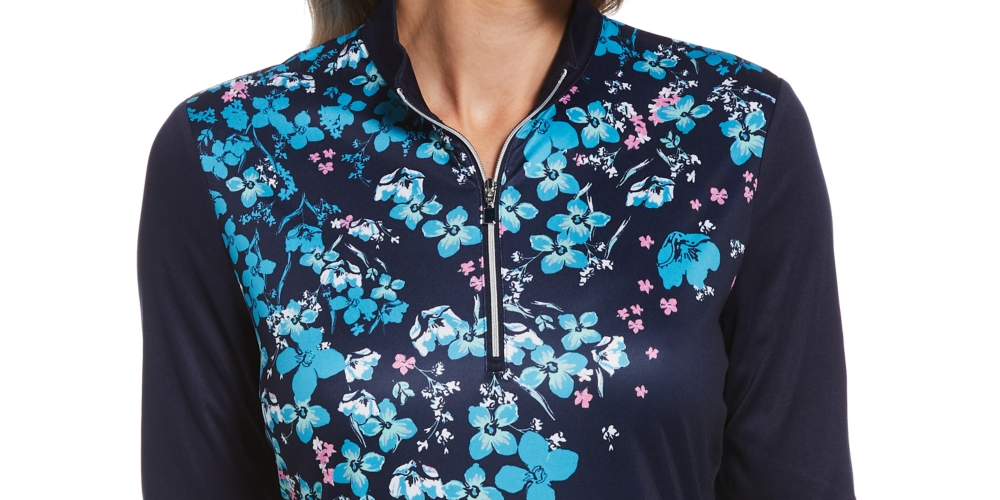 Camiseta de golfe feminina floral PGA Tour com meia manga, azul, tamanho pequeno
