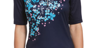 Camiseta de golfe feminina floral PGA Tour com meia manga, azul, tamanho pequeno