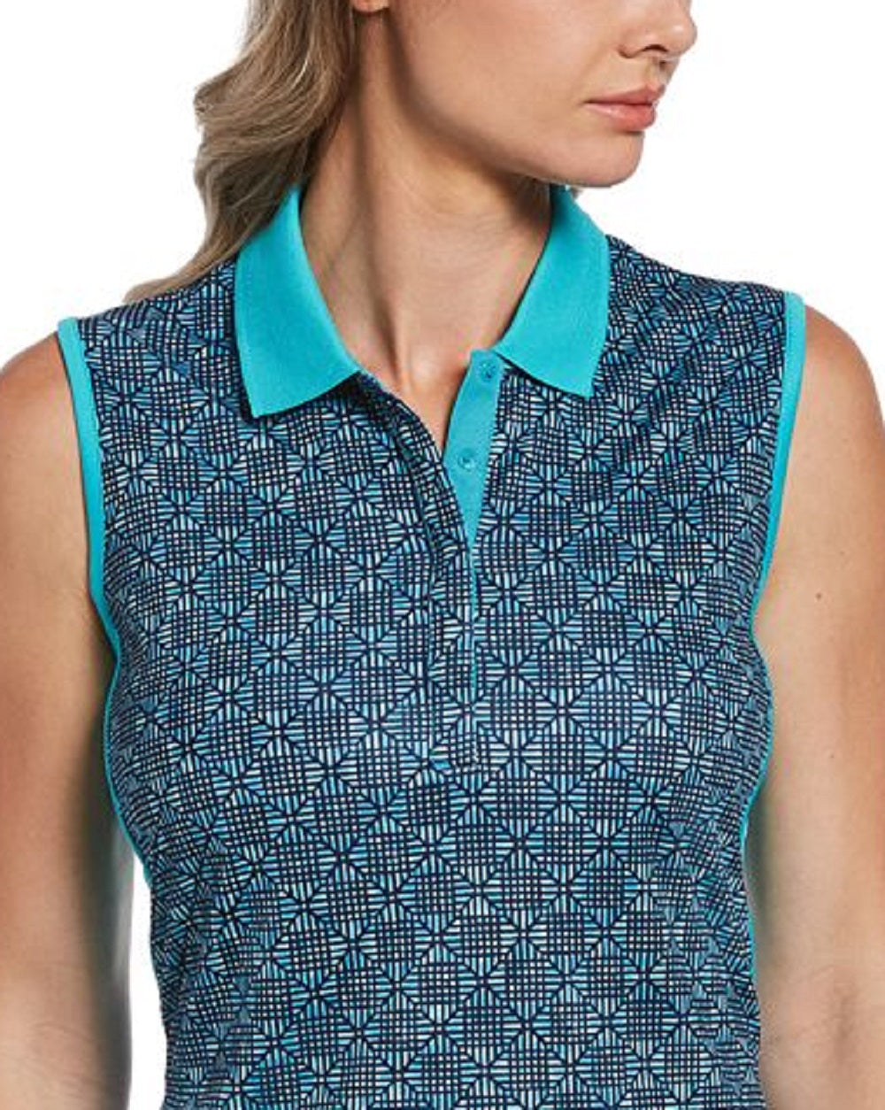 Camiseta de golfe sem mangas com estampa de mosaico feminina PGA Tour, azul, tamanho XX-G