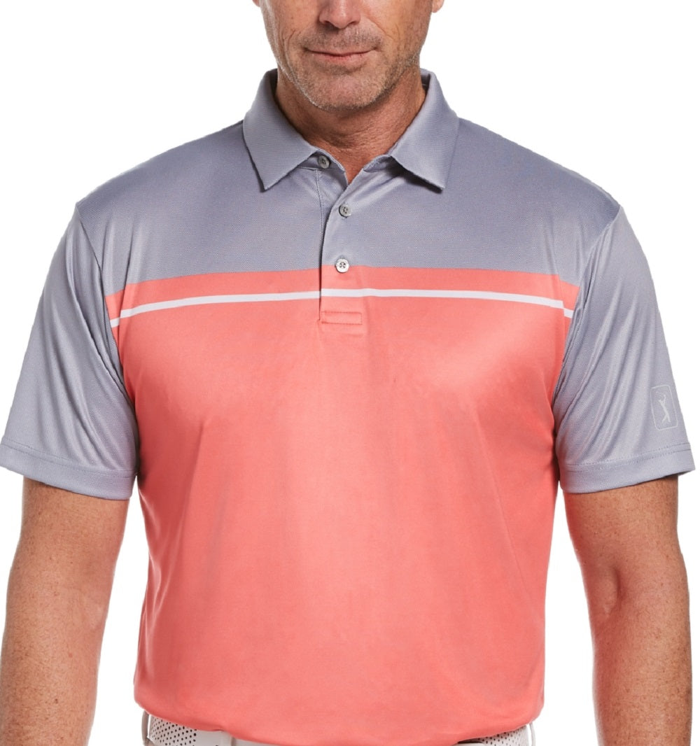 Camisas polo de golfe masculinas Birdseye Colorblocked da PGA Tour, rosa, tamanho médio