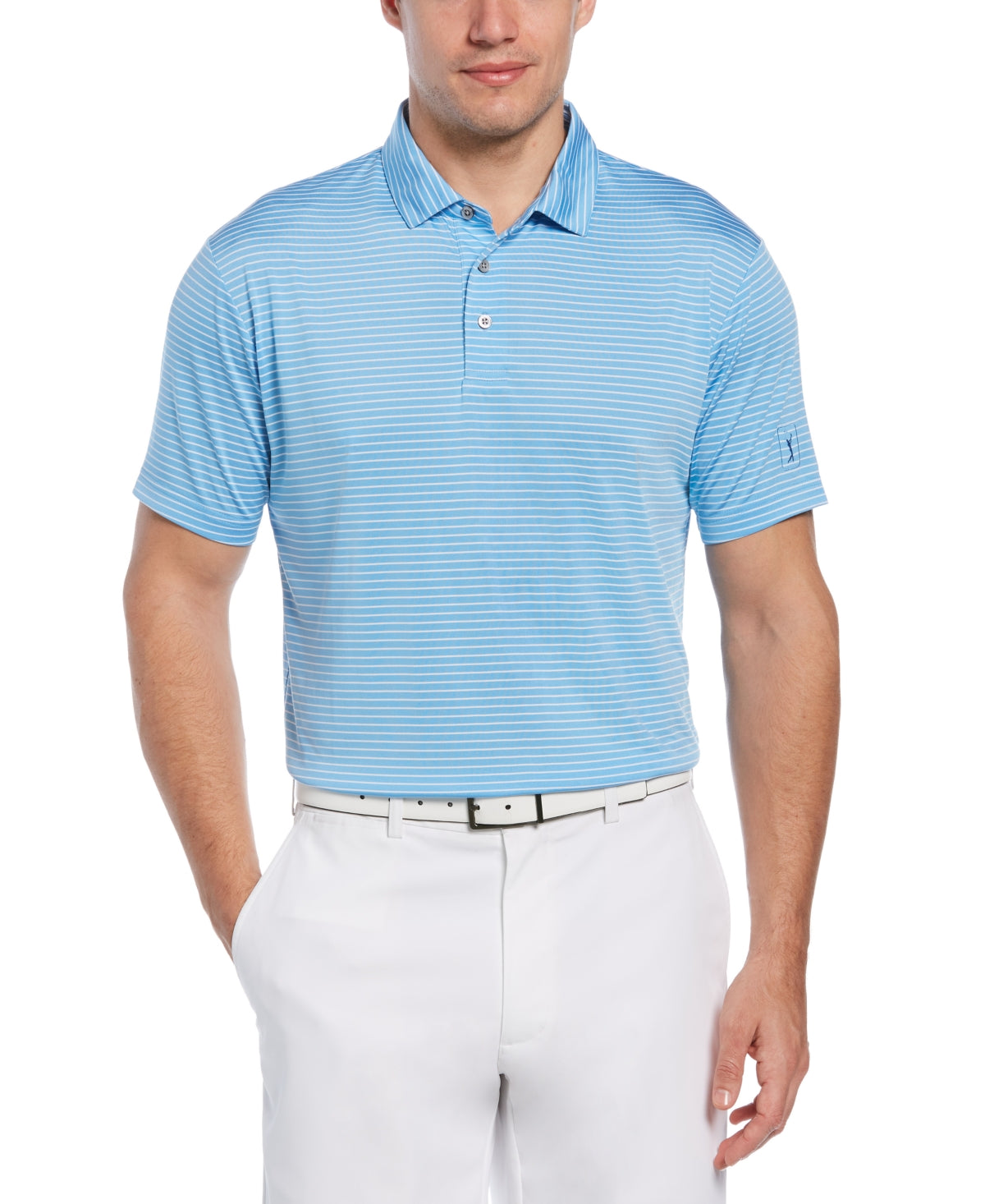 Camisa polo de golfe masculina PGA Tour Feeder Stripe Performance, azul, tamanho extragrande