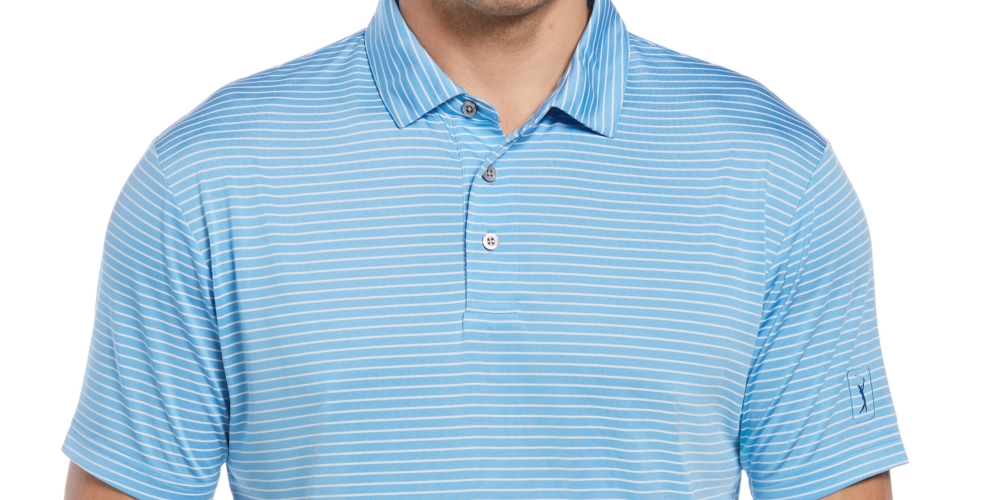 Camisa polo de golfe masculina PGA Tour Feeder Stripe Performance, azul, tamanho extragrande