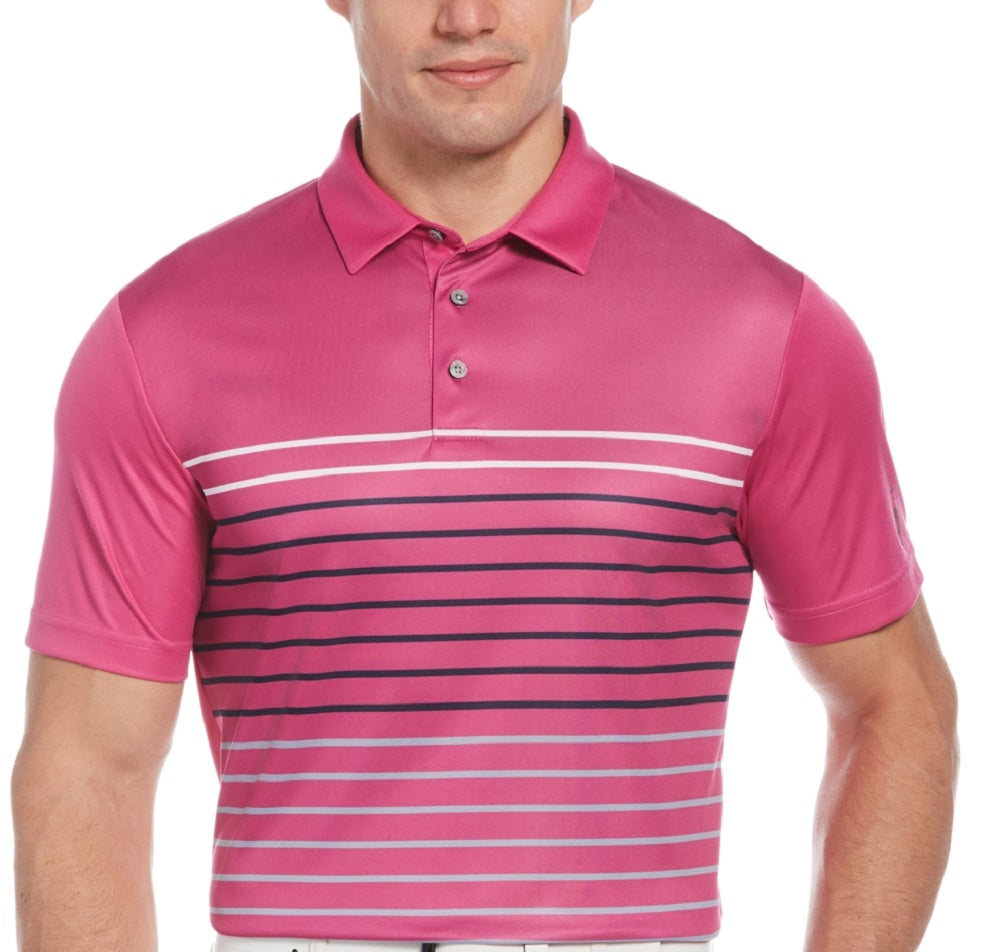 Camisa polo masculina listrada contrastante PGA Tour rosa tamanho médio