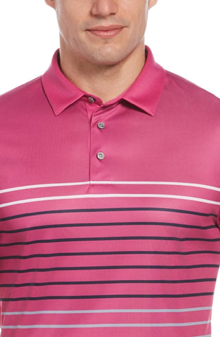 Camisa polo masculina listrada contrastante PGA Tour rosa tamanho médio