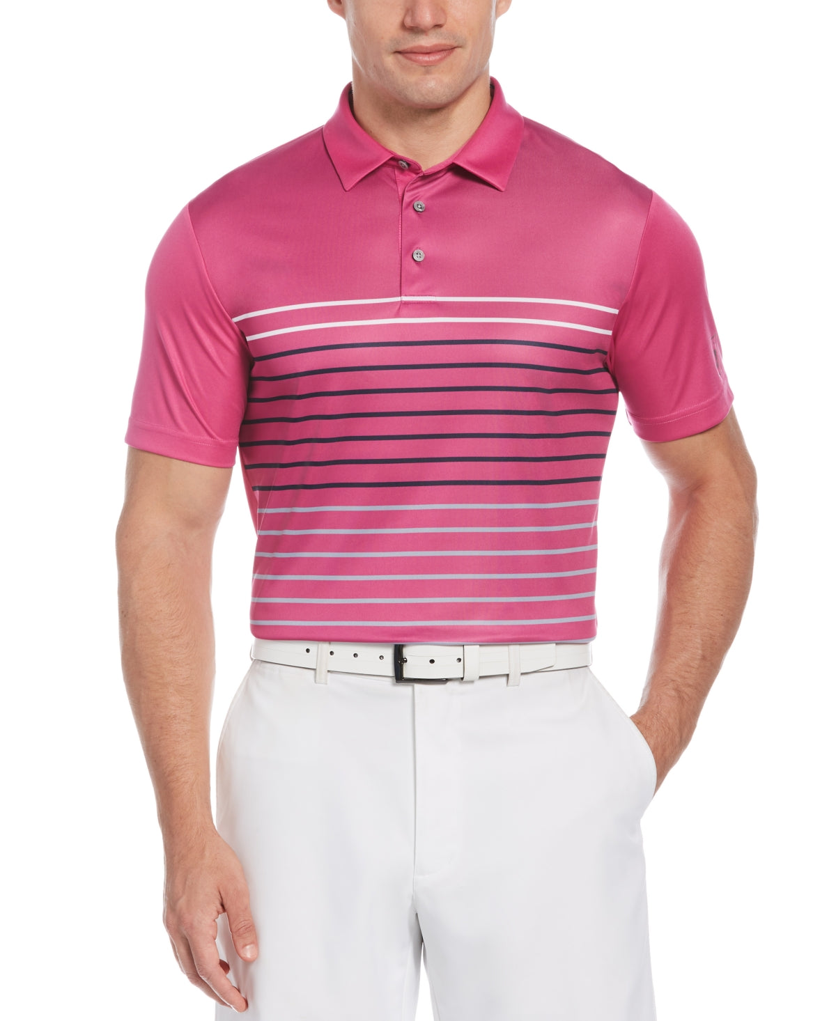 Camisa polo masculina listrada contrastante PGA Tour rosa tamanho médio