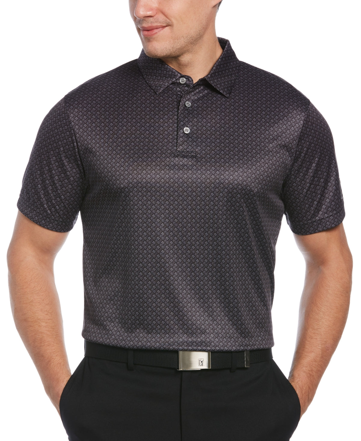 Camisa polo de golfe masculina com estampa geométrica aquarela e ajuste atlético PGA Tour, preta, tamanho grande