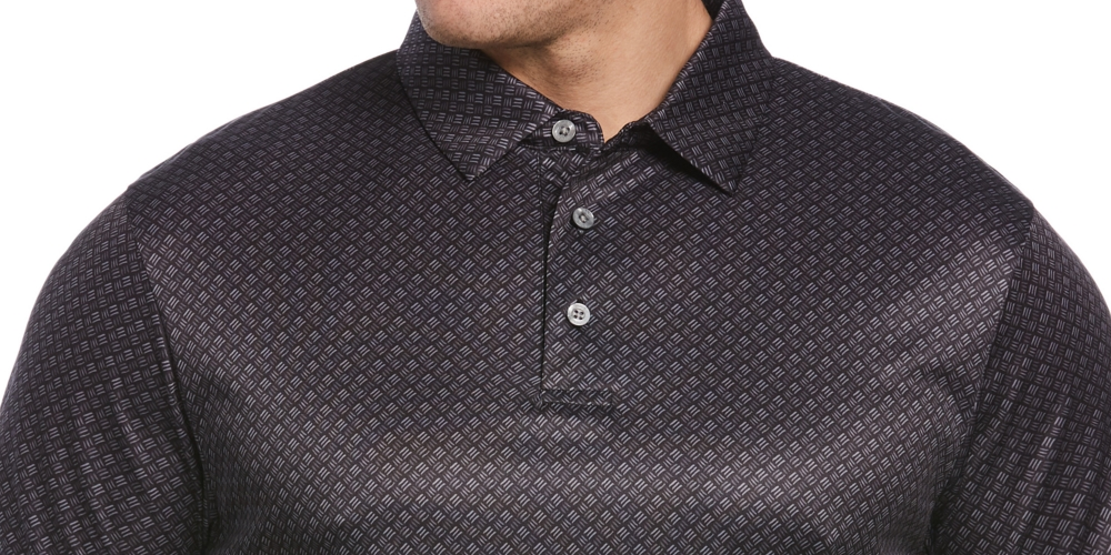 Camisa polo de golfe masculina com estampa geométrica aquarela e ajuste atlético PGA Tour, preta, tamanho grande