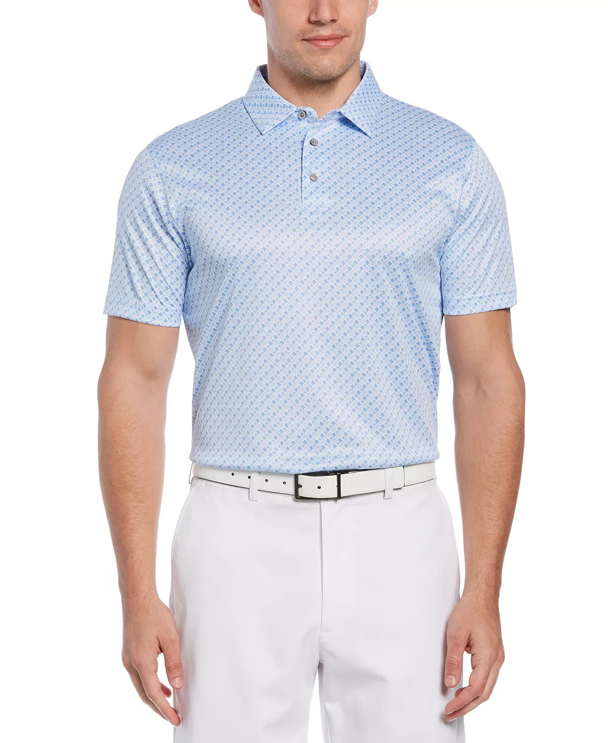Camisa polo de golfe masculina com estampa geométrica e ajuste atlético PGA Tour, azul, tamanho grande