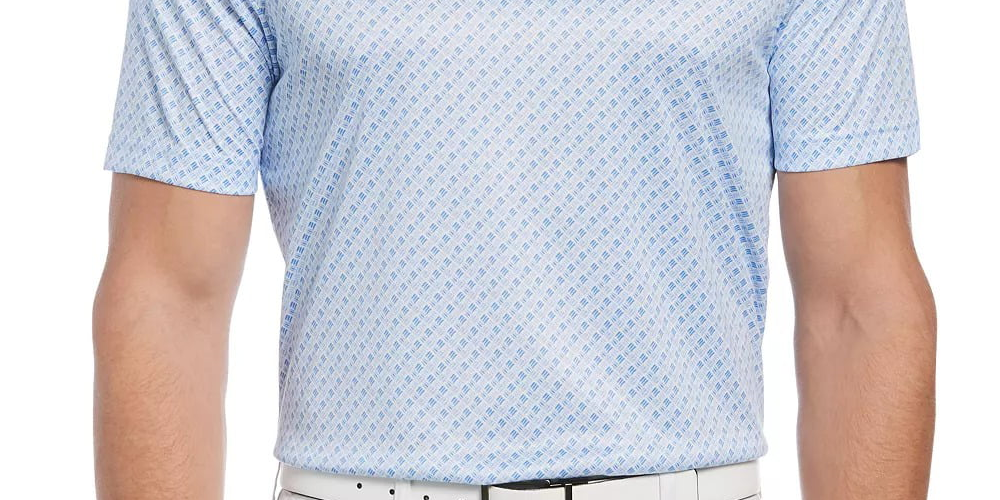 Camisa polo de golfe masculina com estampa geométrica e ajuste atlético PGA Tour, azul, tamanho grande