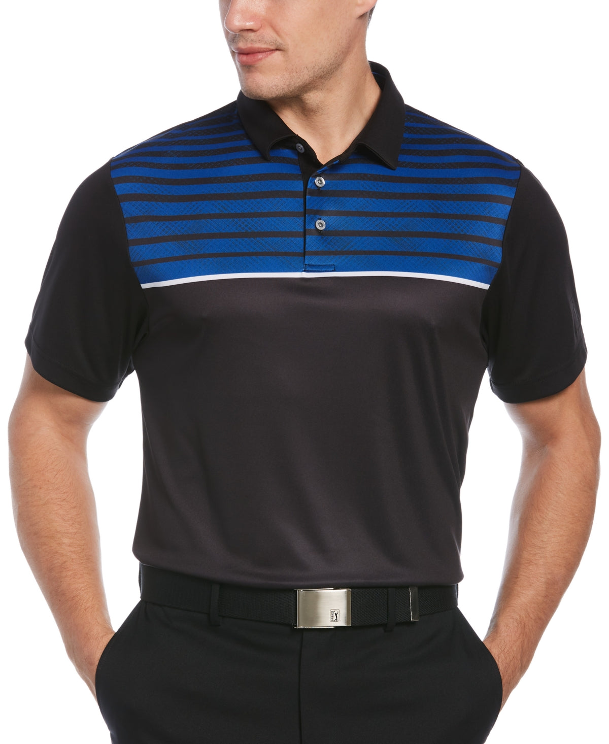 Camisa polo de golfe masculina com estampa geométrica e ajuste atlético PGA Tour, preta, tamanho pequeno