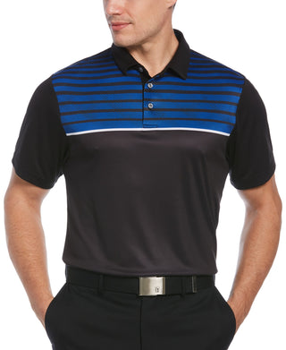 Camisa polo de golfe masculina com estampa geométrica e ajuste atlético PGA Tour, preta, tamanho pequeno