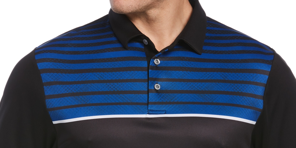 Camisa polo de golfe masculina com estampa geométrica e ajuste atlético PGA Tour, preta, tamanho pequeno
