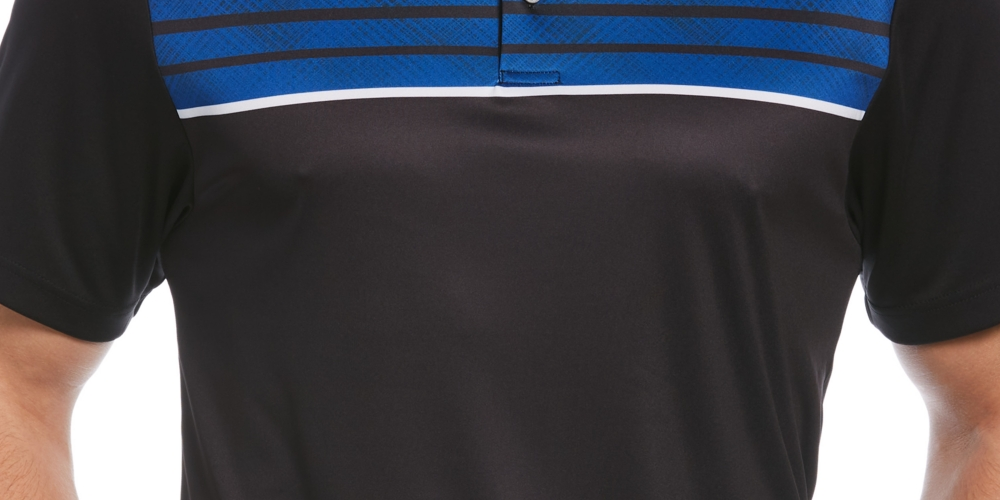 Camisa polo de golfe masculina com estampa geométrica e ajuste atlético PGA Tour, preta, tamanho pequeno
