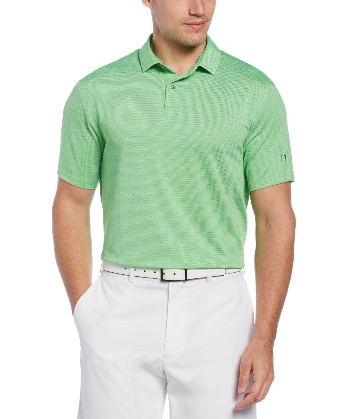 Camisa polo de golfe com textura de tinta espacial masculina PGA Tour, verde, tamanho grande