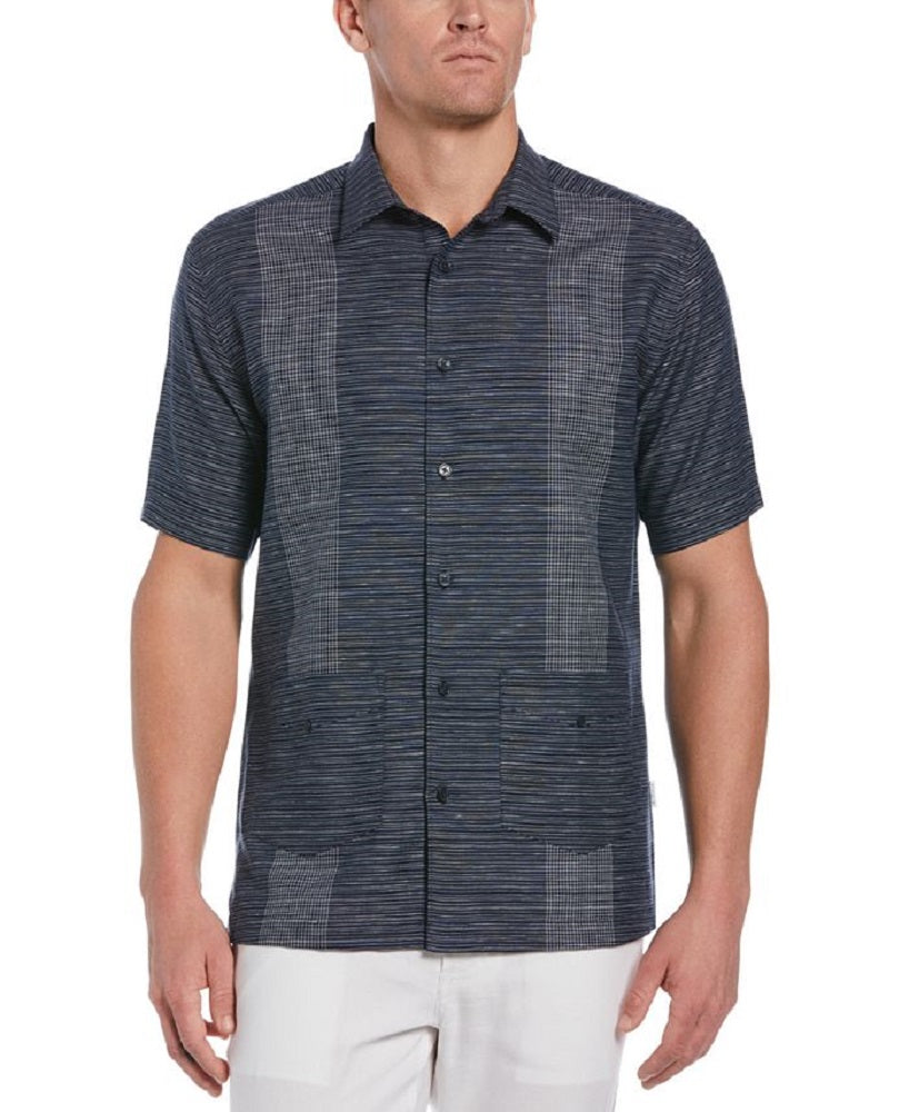 Vestido camisa de manga curta com listras guayabera e mistura de linho masculino Cubavera, tamanho grande, azul
