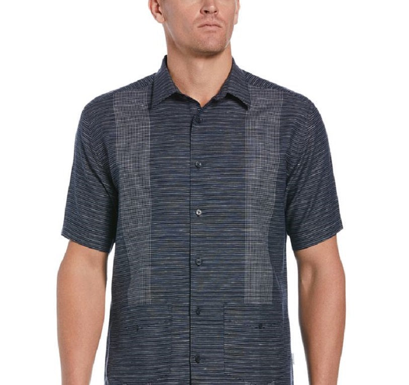 Vestido camisa de manga curta com listras guayabera e mistura de linho masculino Cubavera, tamanho grande, azul