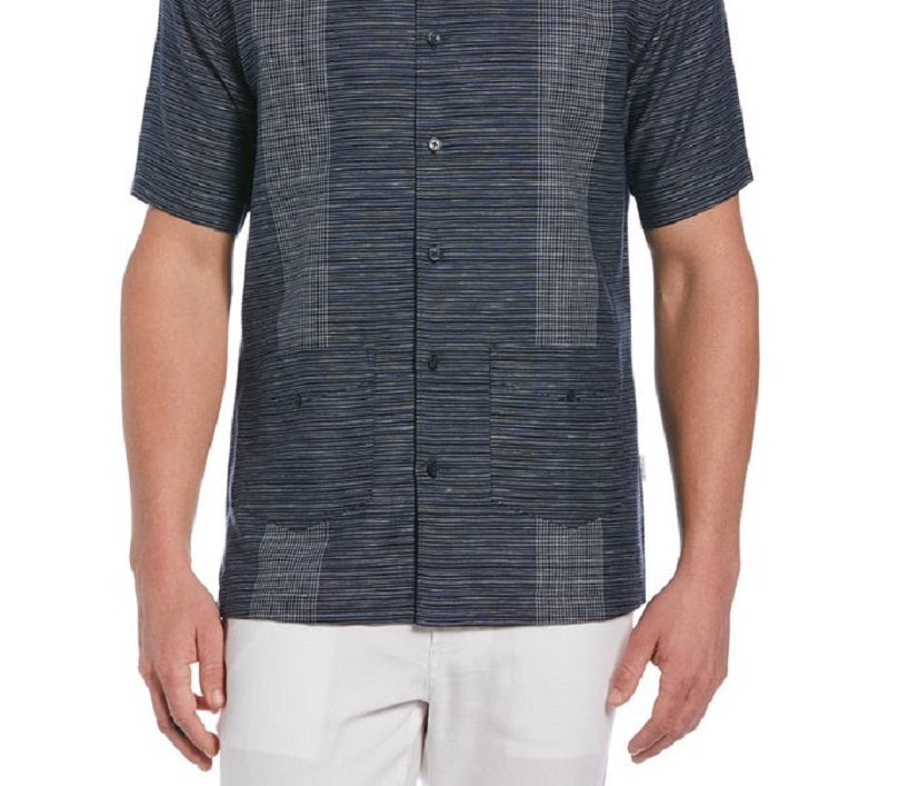 Vestido camisa de manga curta com listras guayabera e mistura de linho masculino Cubavera, tamanho grande, azul