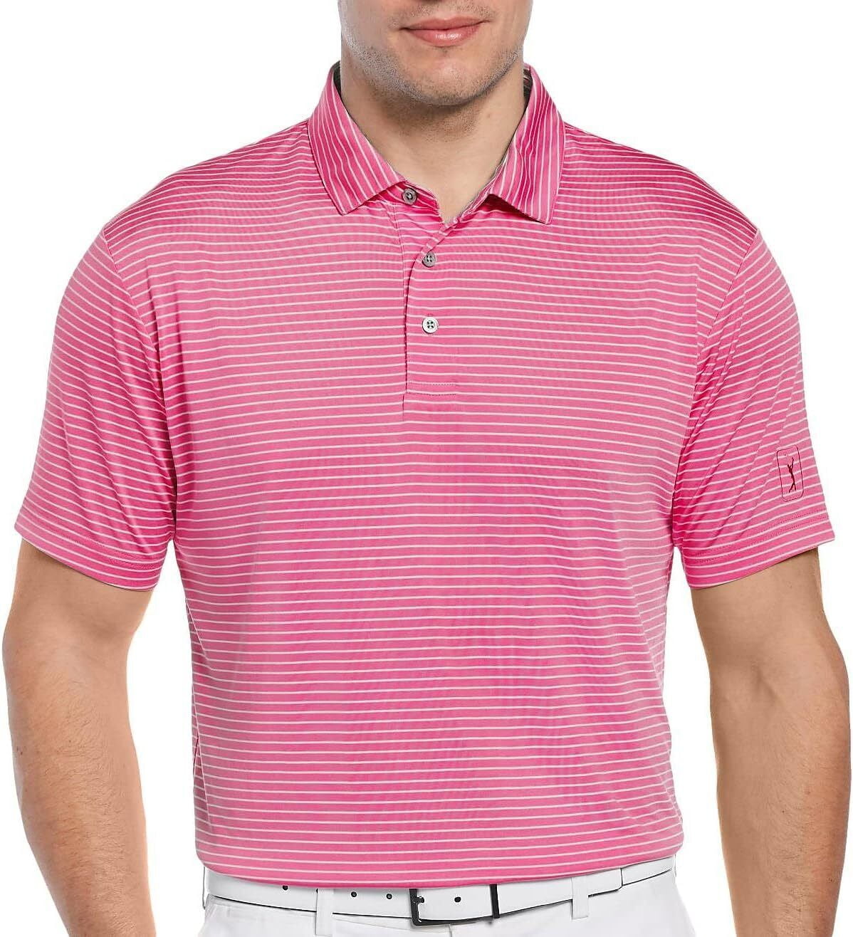 Polo de golfe listrado com alimentação única masculino PGA TOUR rosa tamanho extragrande