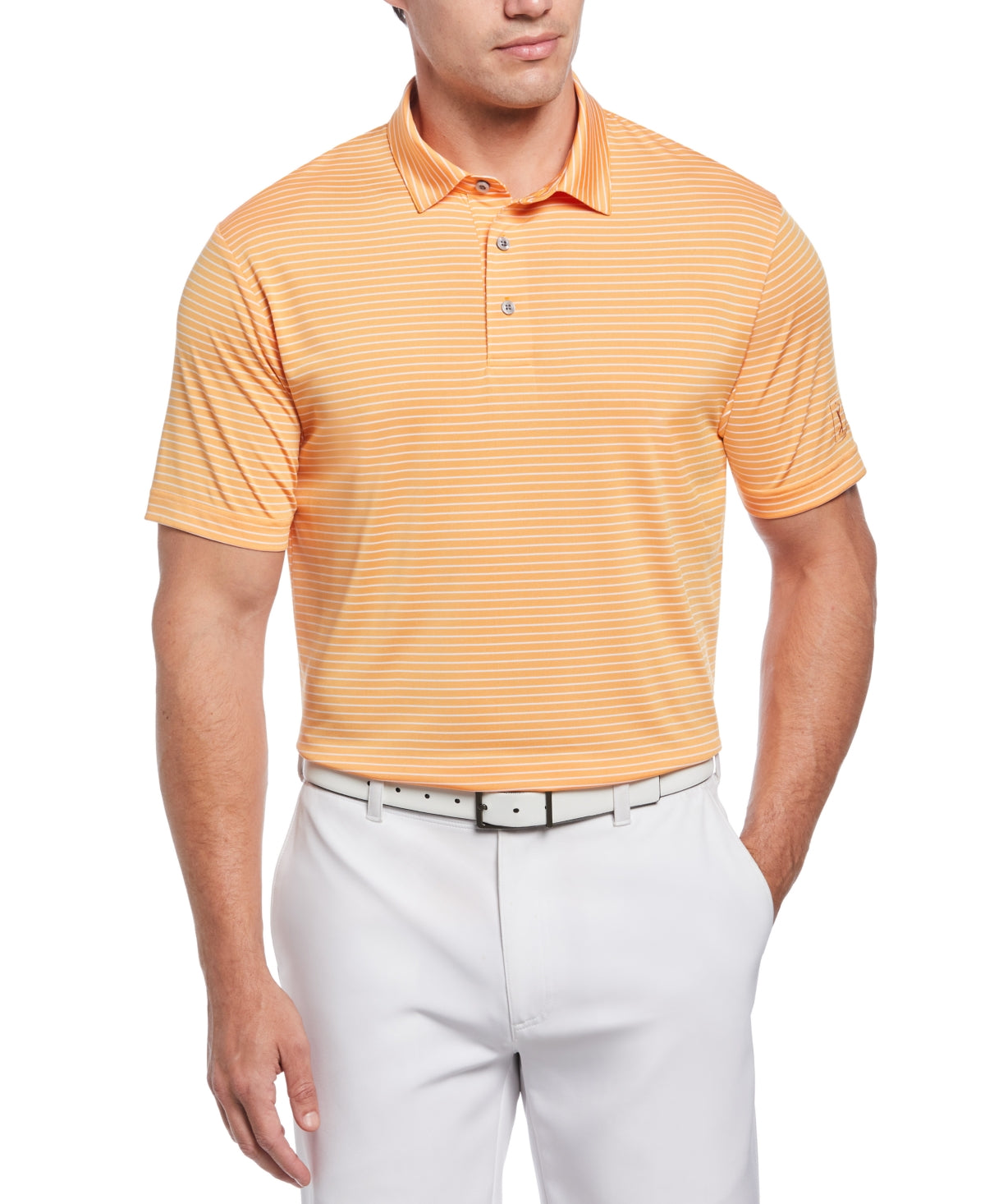 Polo de golfe listrado com alimentação única masculina PGA Tour, laranja, tamanho médio