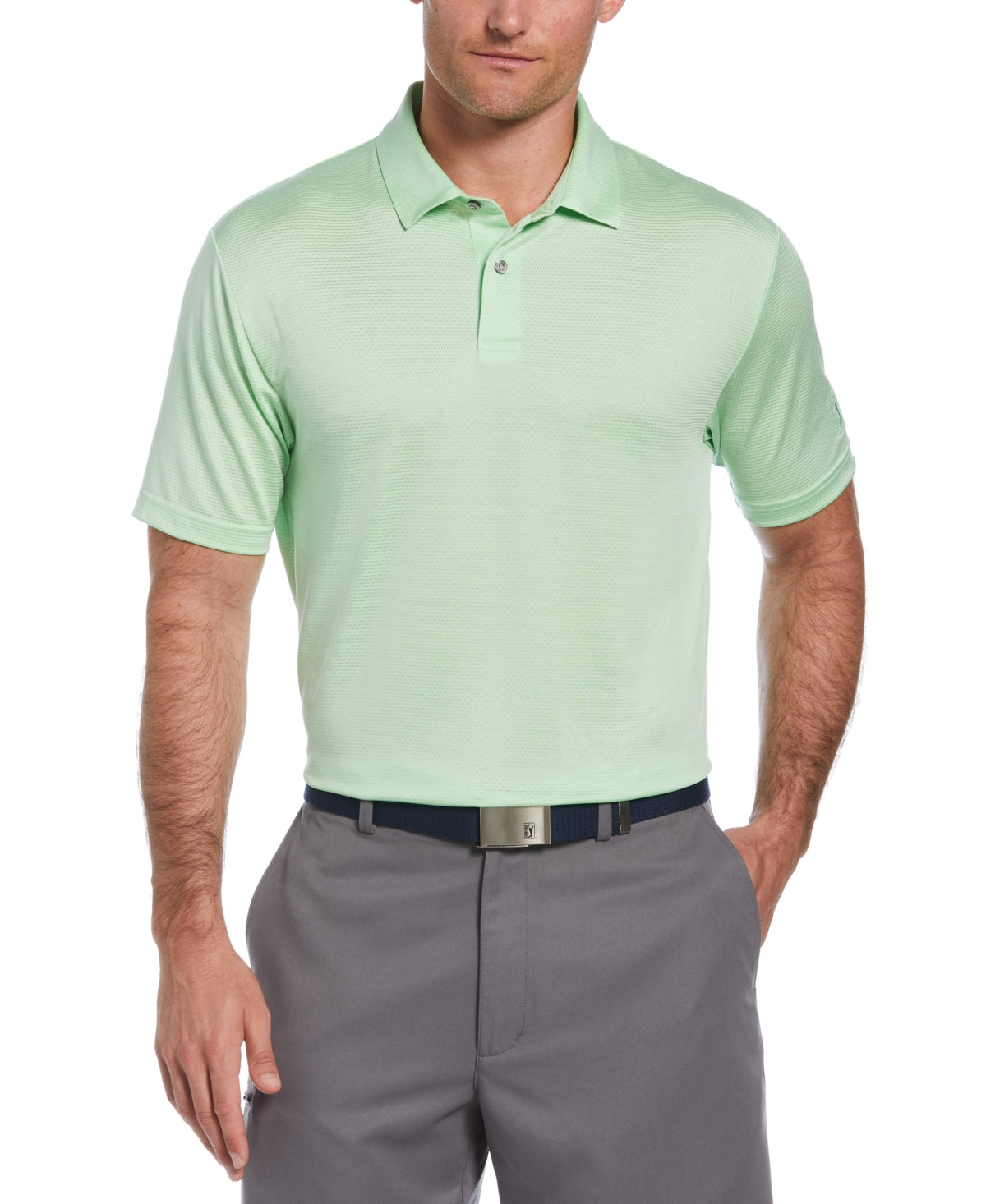 Camisa polo de golfe com textura de tinta espacial masculina PGA Tour, verde, tamanho pequeno