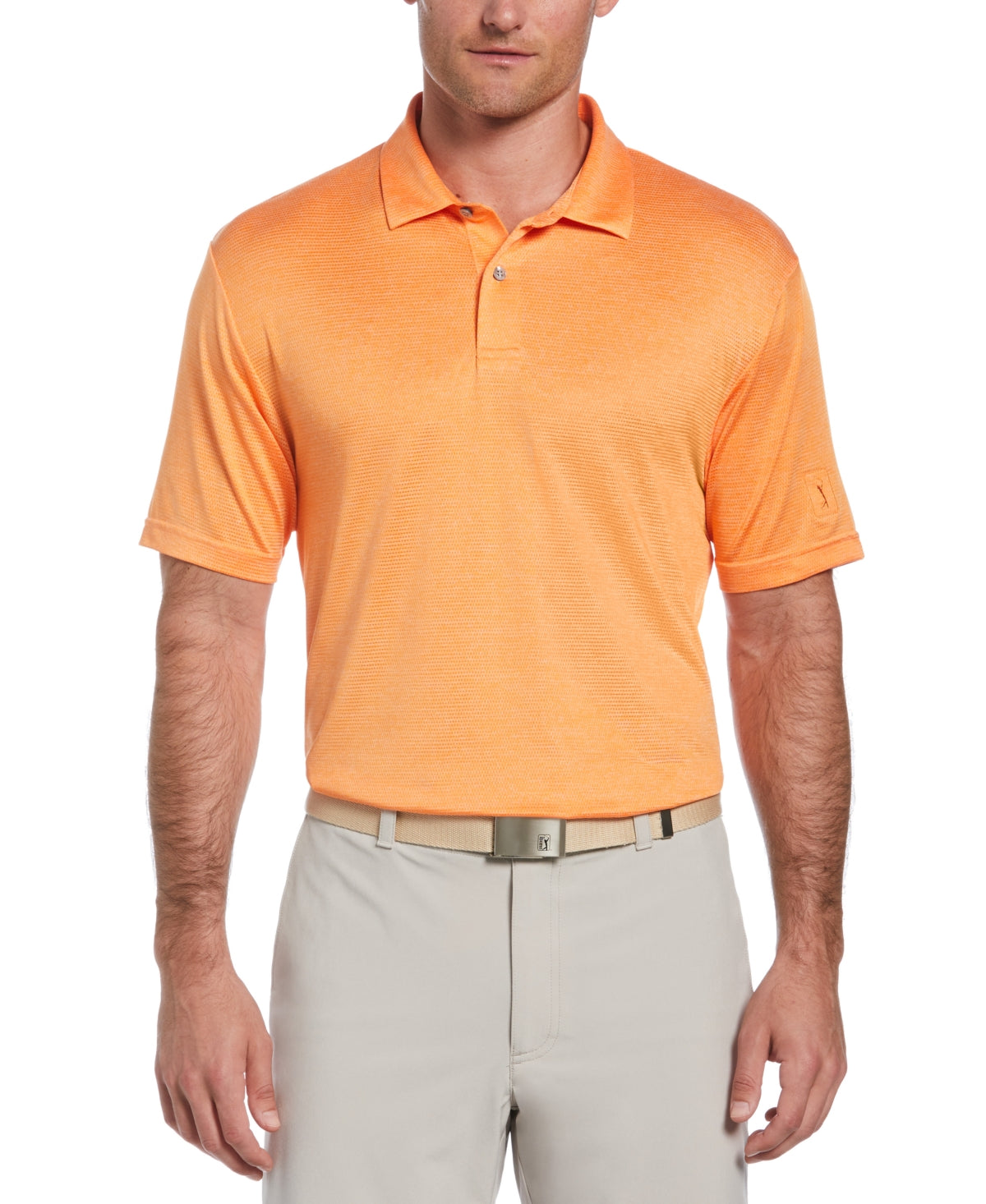 Camisa polo de golfe com textura de tinta espacial masculina PGA Tour laranja tamanho pequeno