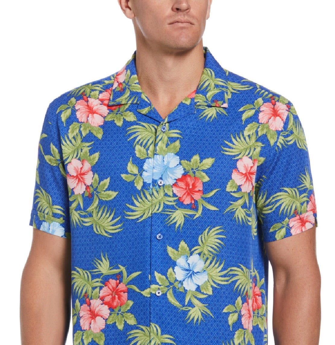 Camisa masculina Cubavera com estampa floral geométrica texturizada, azul, tamanho XX-G