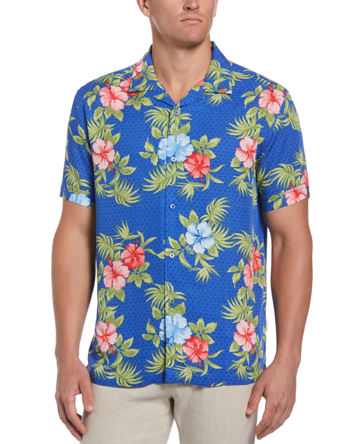 Camisa masculina Cubavera com estampa floral geométrica texturizada, azul, tamanho XX-G