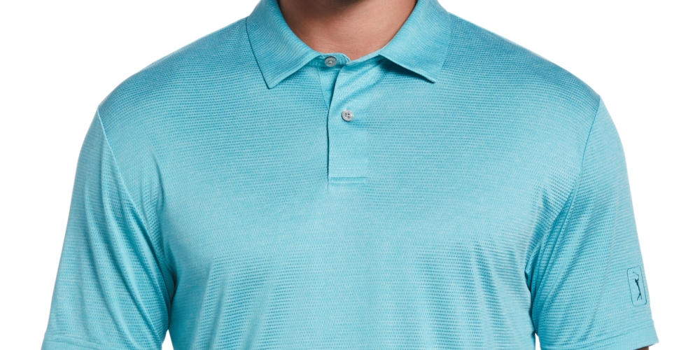 Camisa polo de golfe com textura de tinta espacial masculina PGA Tour, azul, tamanho médio