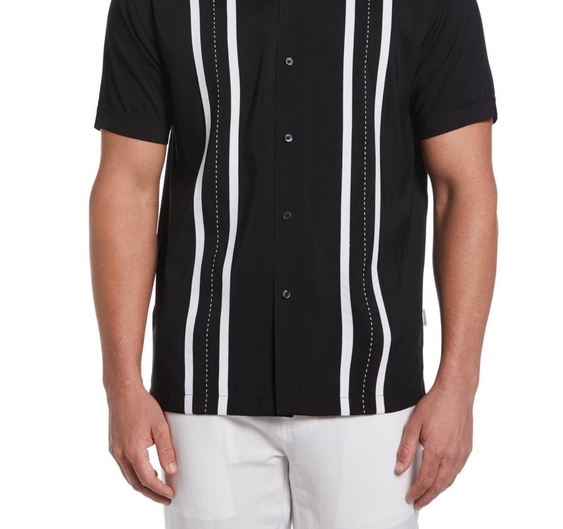 Camisa masculina de manga curta com painel contrastante Cubavera, preta, tamanho grande