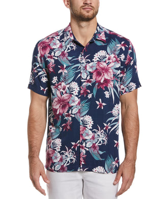 Cubavera Men's Floral Print Textured Short Sleeve Shirt Blue Size Medium