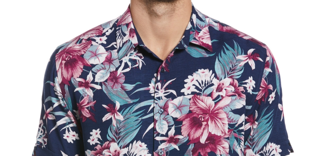 Camisa masculina Cubavera com estampa floral texturizada e manga curta, azul, tamanho médio