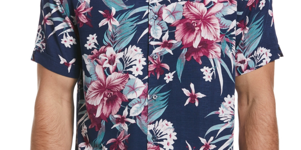 Camisa masculina Cubavera com estampa floral texturizada e manga curta, azul, tamanho médio