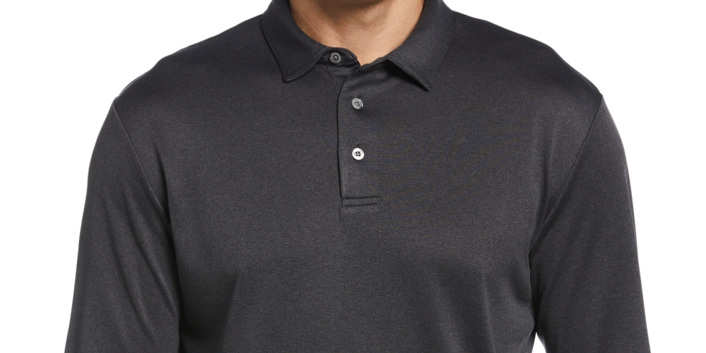 Camisa polo masculina de manga comprida com estampa micro Birdseye da PGA Tour, preta, tamanho pequeno