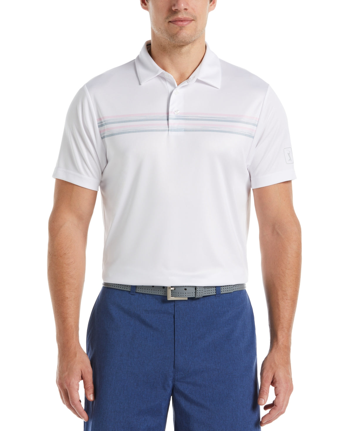 Polo de golfe de manga curta com listras no peito masculino PGA Tour, branco, tamanho XX-G