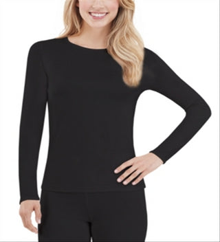 Cuddl Duds Climatesmart Top de manga comprida com gola redonda feminino, preto, tamanho médio