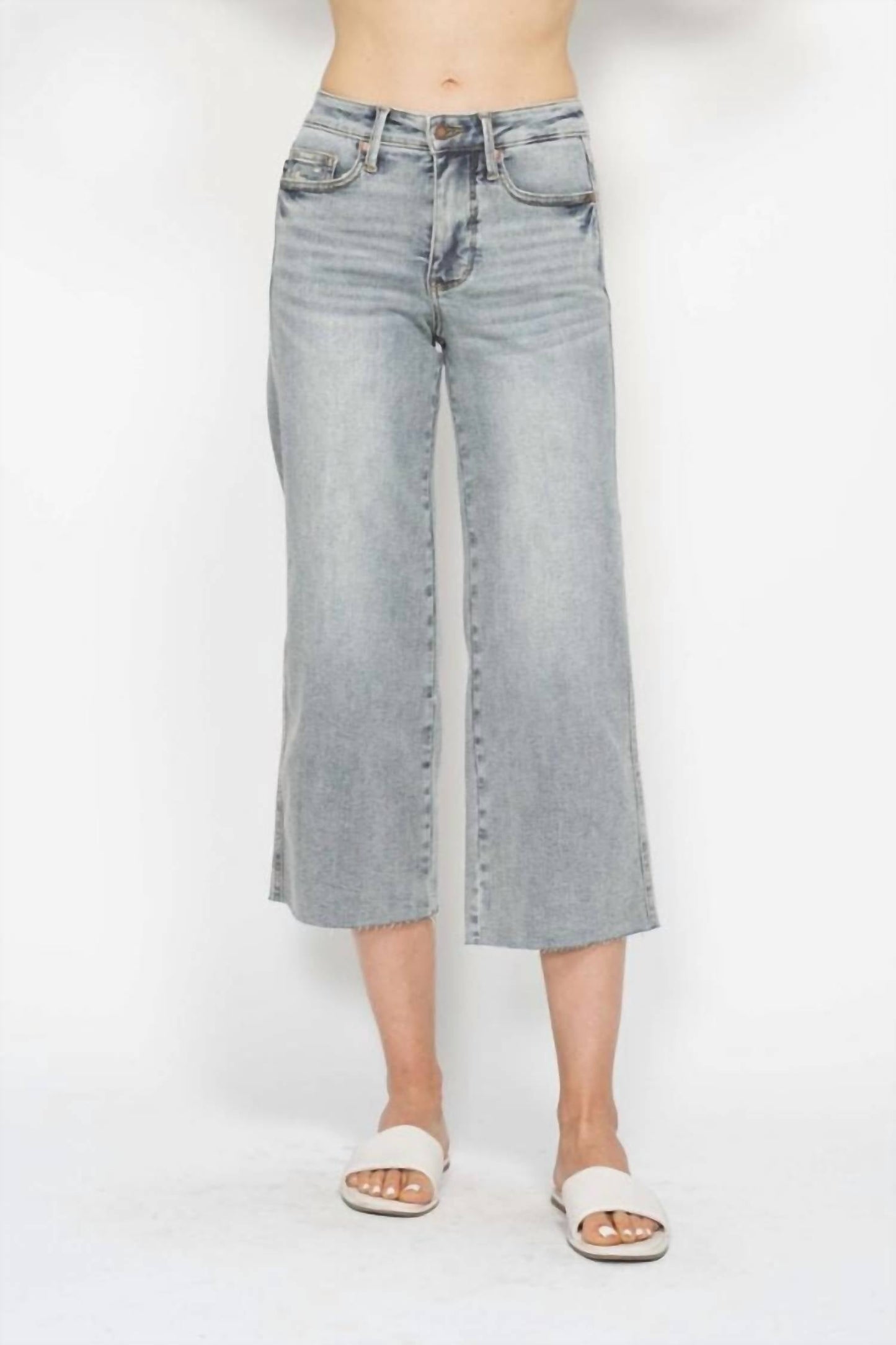 Judy Blue - Tummy Control Raw Hem Crop Wide Jeans