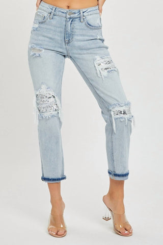 Risen - Midrise Sequin Patch Tapered Jeans