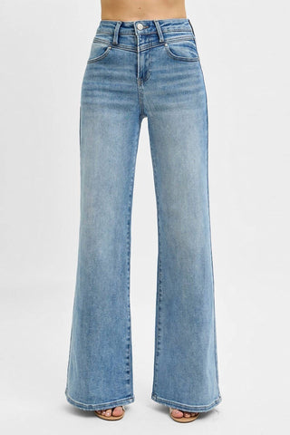 Risen - Jeans com detalhe de canga larga frontal e cintura alta