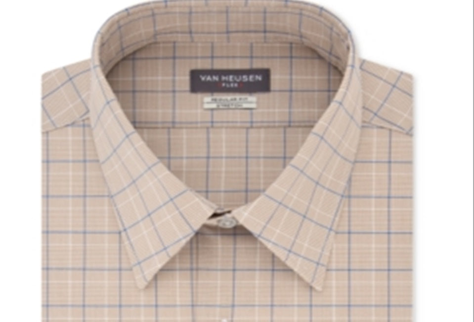 Camisa social masculina Van Heusen Flex Classic Regular Fit Stretch sem vincos e xadrez, tamanho marrom, 18x34x35