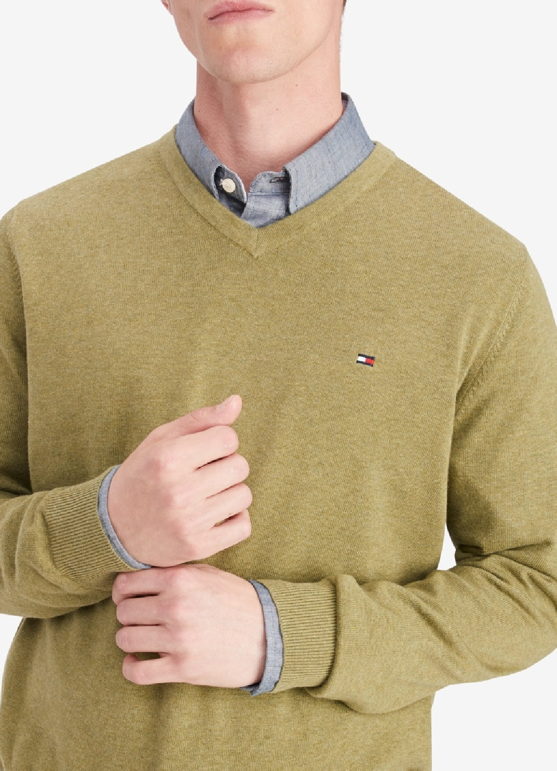 Suéter de algodão com decote em V Tommy Hilfiger Signature masculino, verde, tamanho grande