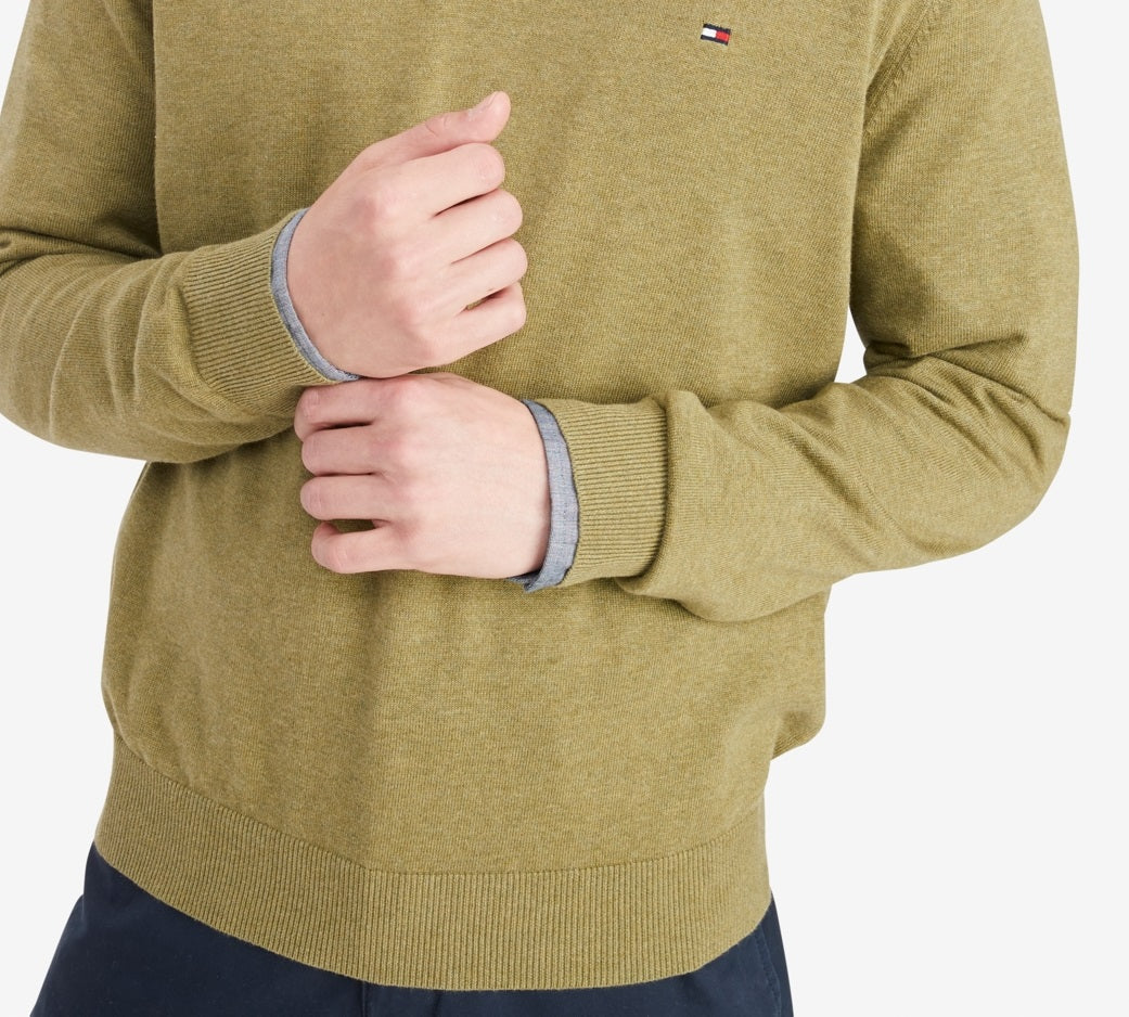 Suéter de algodão com decote em V Tommy Hilfiger Signature masculino, verde, tamanho grande