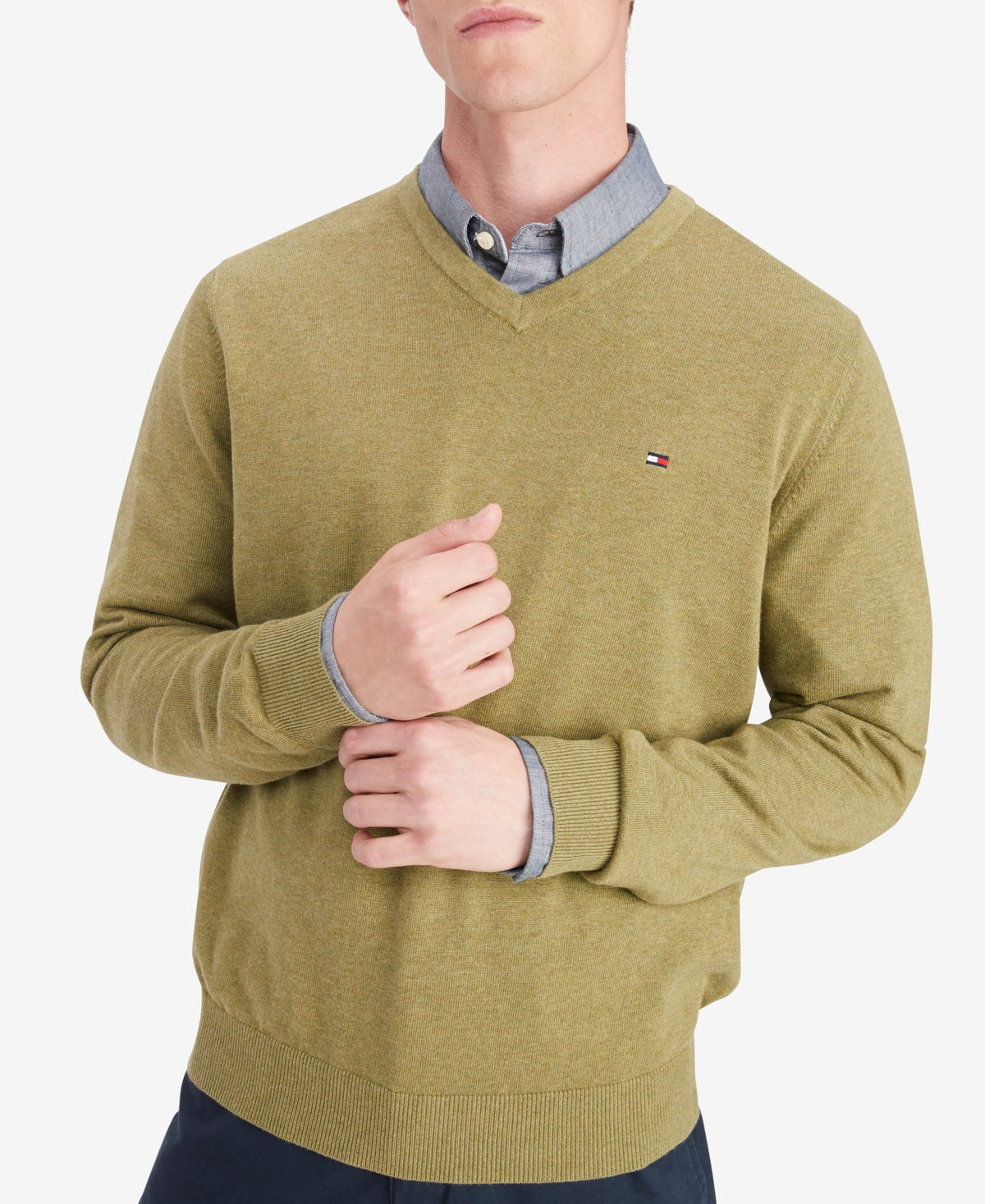 Suéter de algodão com decote em V Tommy Hilfiger Signature masculino, verde, tamanho grande
