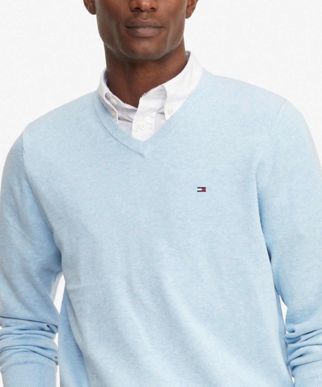 Suéter Tommy Hilfiger Signature Masculino com decote em V, azul, tamanho X-G