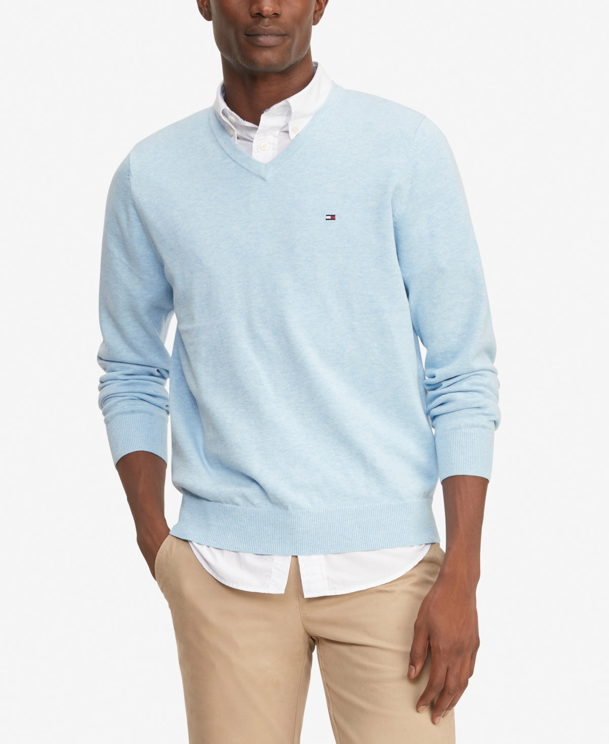 Suéter Tommy Hilfiger Signature Masculino com decote em V, azul, tamanho X-G