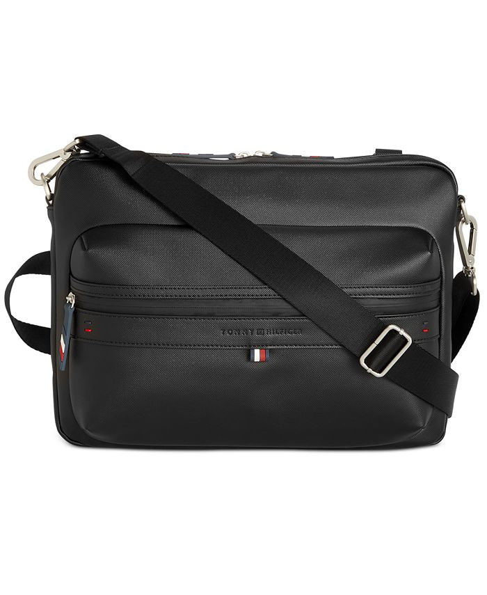 Bolsa tiracolo Tommy Hilfiger masculina com logotipo Leo em relevo, preta, tamanho regular