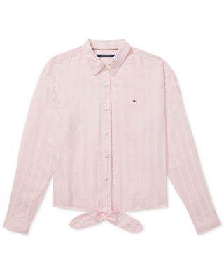 Camisa feminina Tommy Hilfiger listrada com fecho magnético e bainha amarrada, rosa, tamanho grande