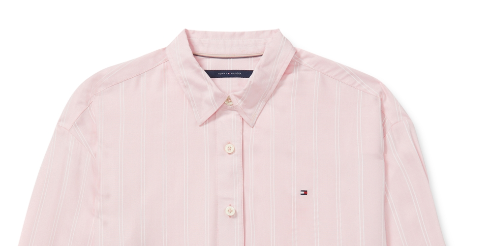 Camisa feminina Tommy Hilfiger listrada com fecho magnético e bainha amarrada, rosa, tamanho grande
